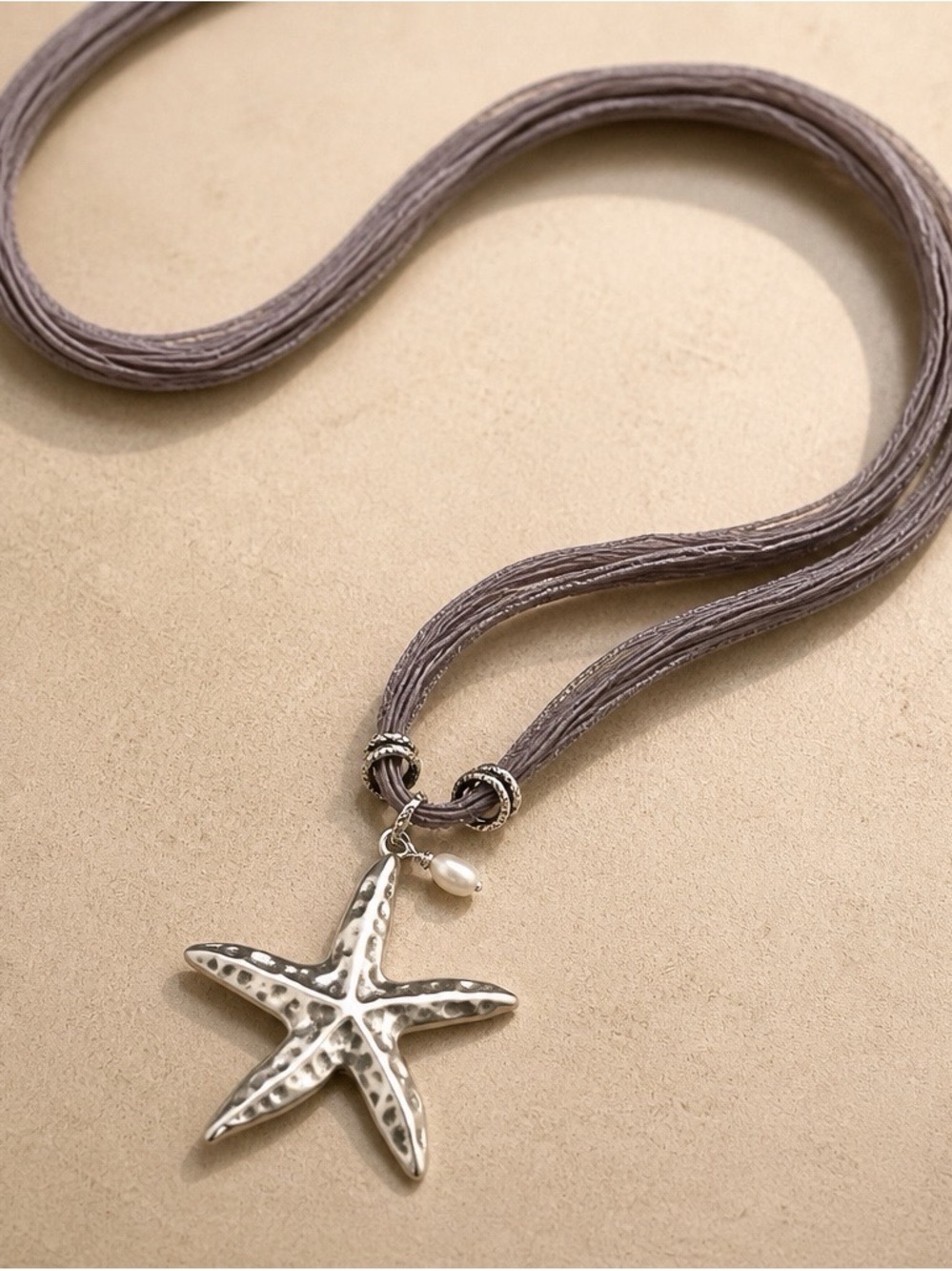 Hammered Silver Starfish Pendant Necklace on Taupe Silk Cord